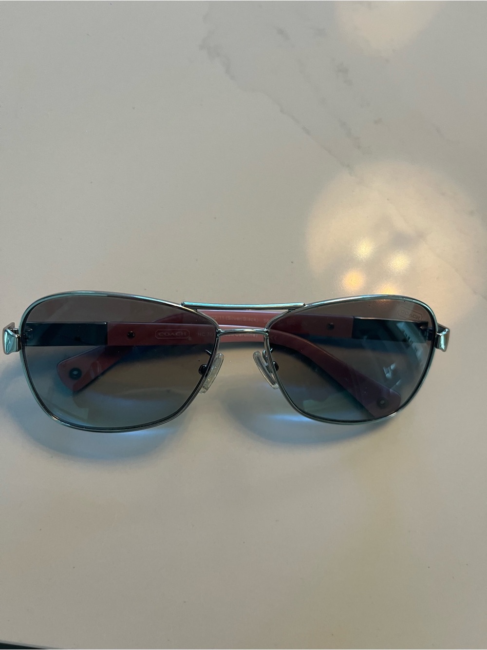 Coach Silver Metal Aviator Sunglasses with Gray Lenses and Pink Temples